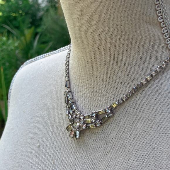 VTG Mid Century Rhinestone Necklace Baguette Crystal Silver Tone 1950s Jewelry - Picture 2 of 12